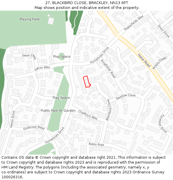 27, BLACKBIRD CLOSE, BRACKLEY, NN13 6PT: Location map and indicative extent of plot