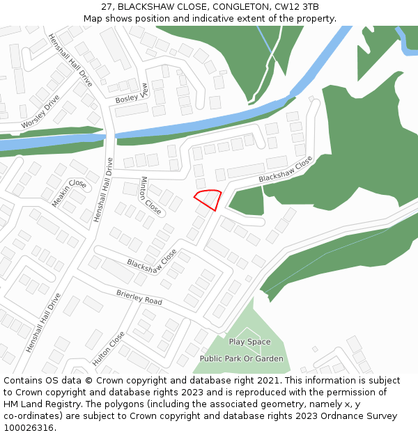 27, BLACKSHAW CLOSE, CONGLETON, CW12 3TB: Location map and indicative extent of plot