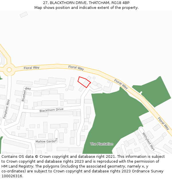 27, BLACKTHORN DRIVE, THATCHAM, RG18 4BP: Location map and indicative extent of plot