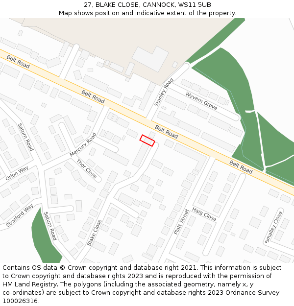 27, BLAKE CLOSE, CANNOCK, WS11 5UB: Location map and indicative extent of plot