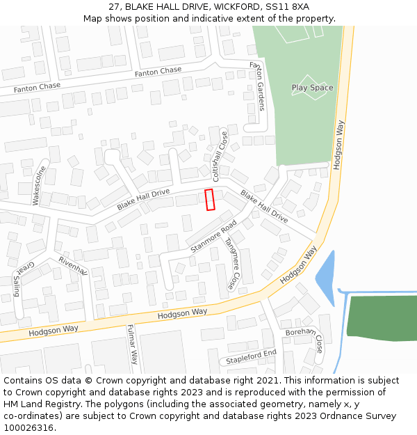 27, BLAKE HALL DRIVE, WICKFORD, SS11 8XA: Location map and indicative extent of plot