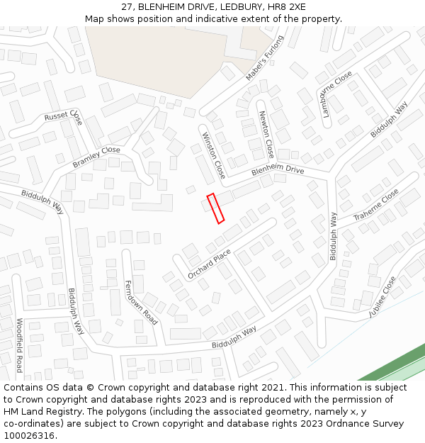 27, BLENHEIM DRIVE, LEDBURY, HR8 2XE: Location map and indicative extent of plot