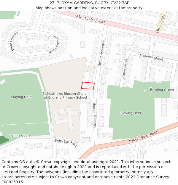 27, BLOXAM GARDENS, RUGBY, CV22 7AP: Location map and indicative extent of plot