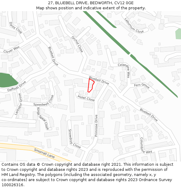 27, BLUEBELL DRIVE, BEDWORTH, CV12 0GE: Location map and indicative extent of plot