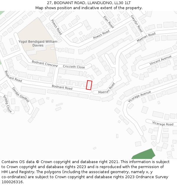 27, BODNANT ROAD, LLANDUDNO, LL30 1LT: Location map and indicative extent of plot