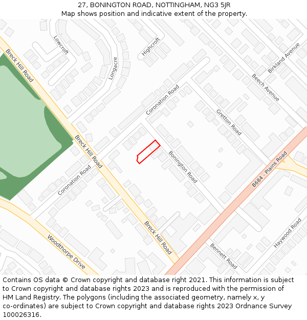27, BONINGTON ROAD, NOTTINGHAM, NG3 5JR: Location map and indicative extent of plot