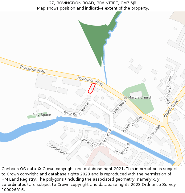 27, BOVINGDON ROAD, BRAINTREE, CM7 5JR: Location map and indicative extent of plot