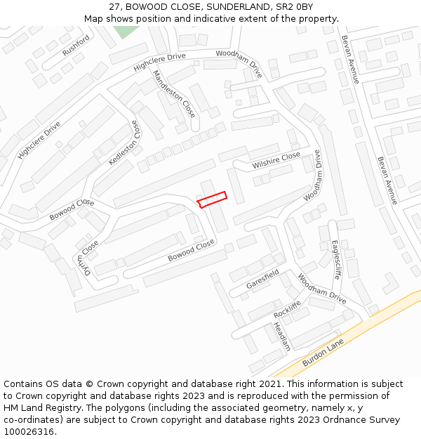 27, BOWOOD CLOSE, SUNDERLAND, SR2 0BY: Location map and indicative extent of plot