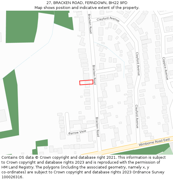 27, BRACKEN ROAD, FERNDOWN, BH22 9PD: Location map and indicative extent of plot