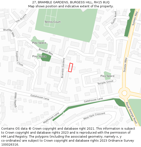 27, BRAMBLE GARDENS, BURGESS HILL, RH15 8UQ: Location map and indicative extent of plot