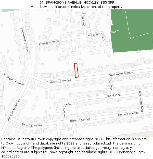 27, BRANKSOME AVENUE, HOCKLEY, SS5 5PF: Location map and indicative extent of plot