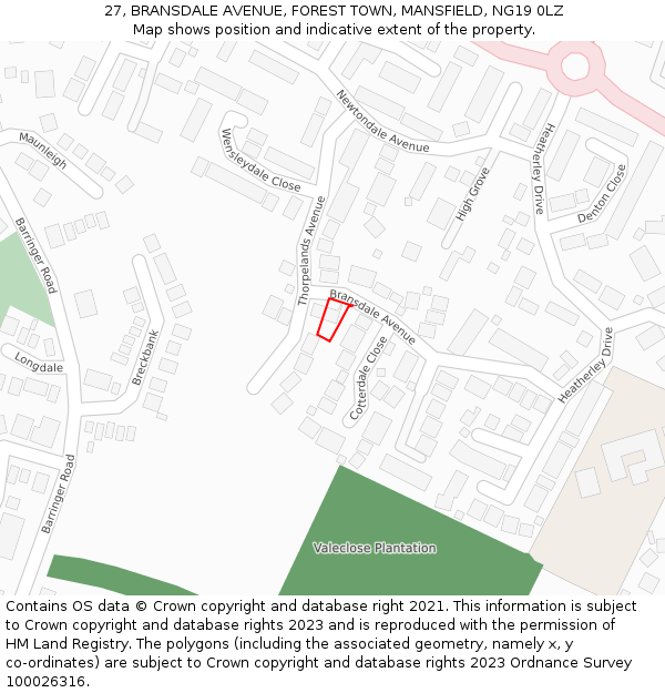 27, BRANSDALE AVENUE, FOREST TOWN, MANSFIELD, NG19 0LZ: Location map and indicative extent of plot