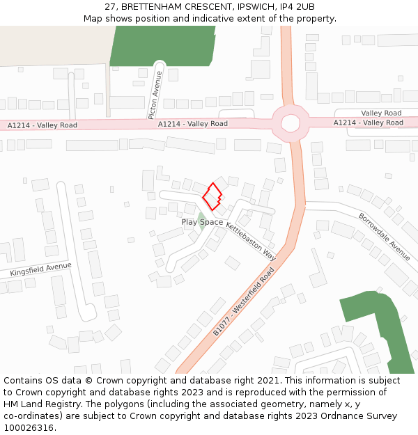 27, BRETTENHAM CRESCENT, IPSWICH, IP4 2UB: Location map and indicative extent of plot