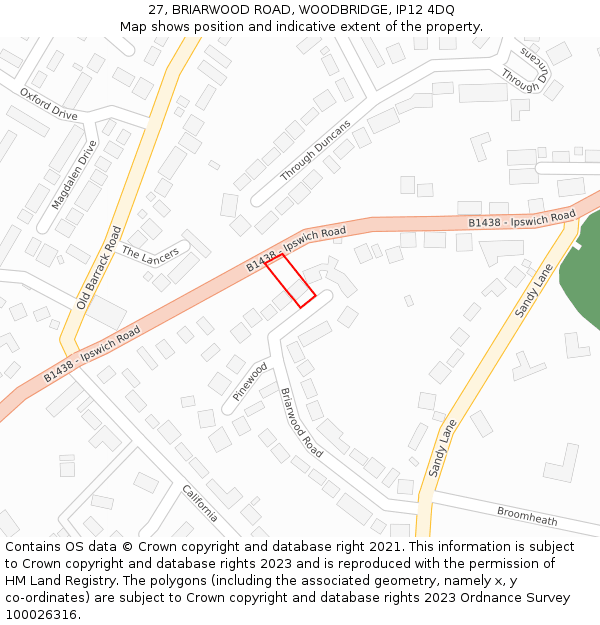 27, BRIARWOOD ROAD, WOODBRIDGE, IP12 4DQ: Location map and indicative extent of plot