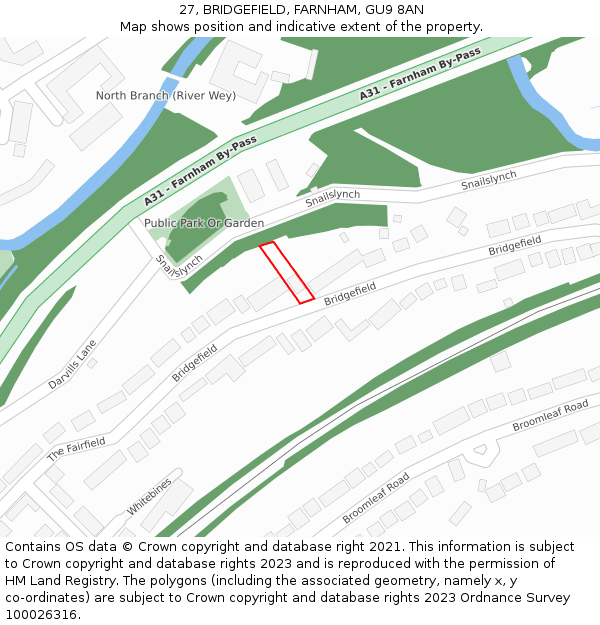 27, BRIDGEFIELD, FARNHAM, GU9 8AN: Location map and indicative extent of plot