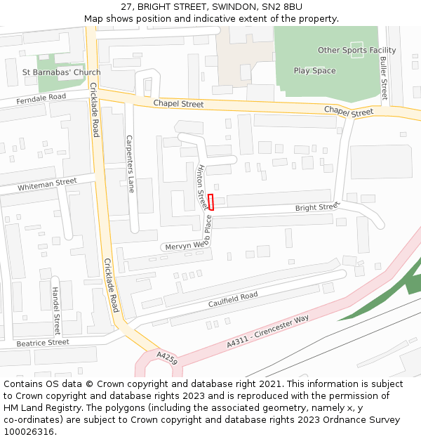27, BRIGHT STREET, SWINDON, SN2 8BU: Location map and indicative extent of plot