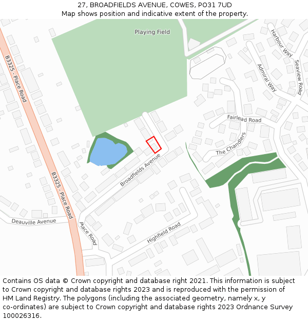 27, BROADFIELDS AVENUE, COWES, PO31 7UD: Location map and indicative extent of plot