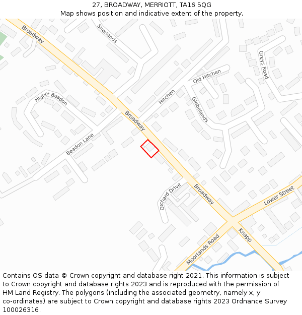 27, BROADWAY, MERRIOTT, TA16 5QG: Location map and indicative extent of plot