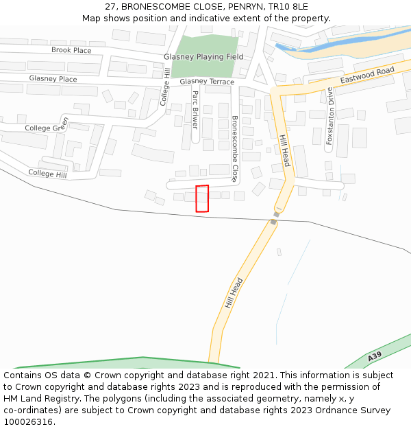 27, BRONESCOMBE CLOSE, PENRYN, TR10 8LE: Location map and indicative extent of plot