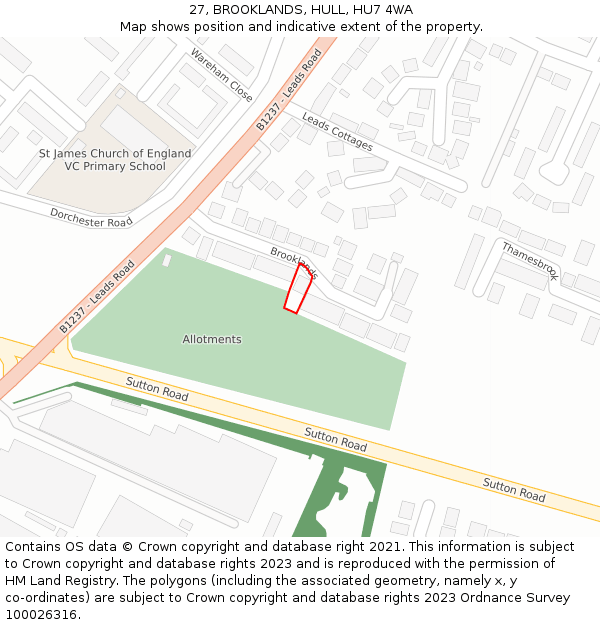 27, BROOKLANDS, HULL, HU7 4WA: Location map and indicative extent of plot