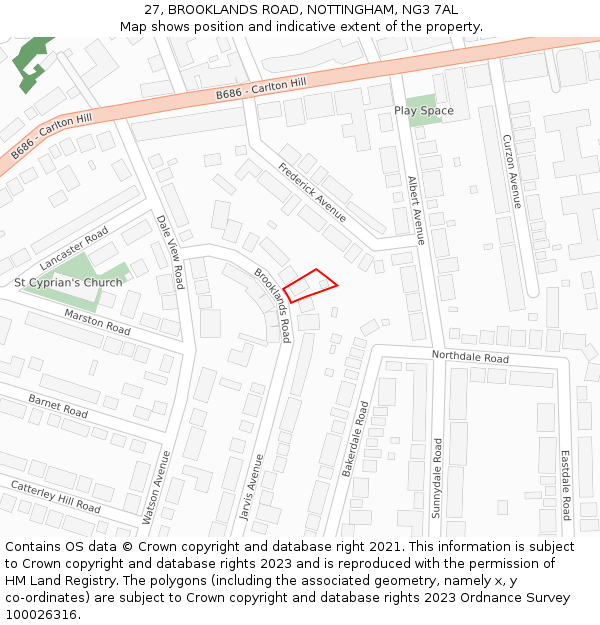 27, BROOKLANDS ROAD, NOTTINGHAM, NG3 7AL: Location map and indicative extent of plot