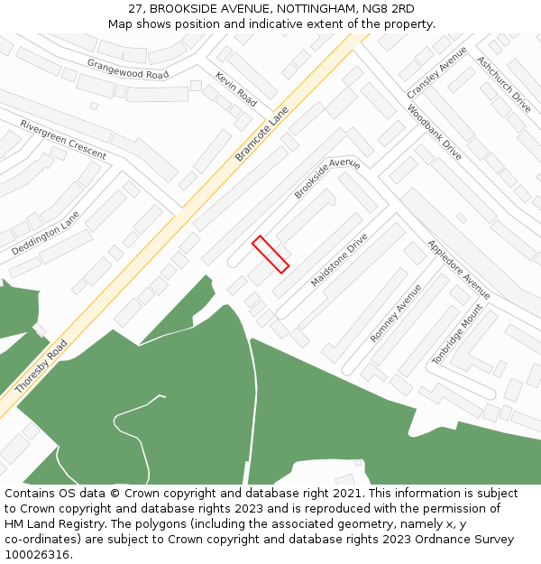27, BROOKSIDE AVENUE, NOTTINGHAM, NG8 2RD: Location map and indicative extent of plot