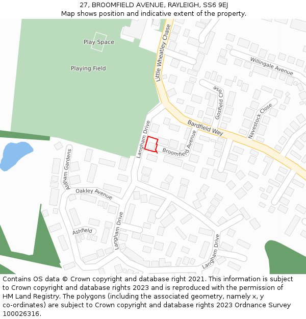 27, BROOMFIELD AVENUE, RAYLEIGH, SS6 9EJ: Location map and indicative extent of plot
