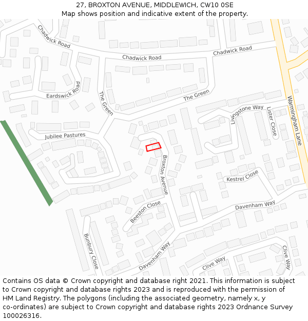 27, BROXTON AVENUE, MIDDLEWICH, CW10 0SE: Location map and indicative extent of plot