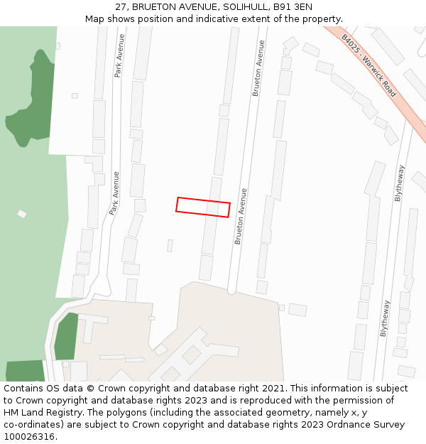 27, BRUETON AVENUE, SOLIHULL, B91 3EN: Location map and indicative extent of plot