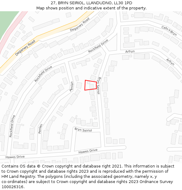 27, BRYN SEIRIOL, LLANDUDNO, LL30 1PD: Location map and indicative extent of plot
