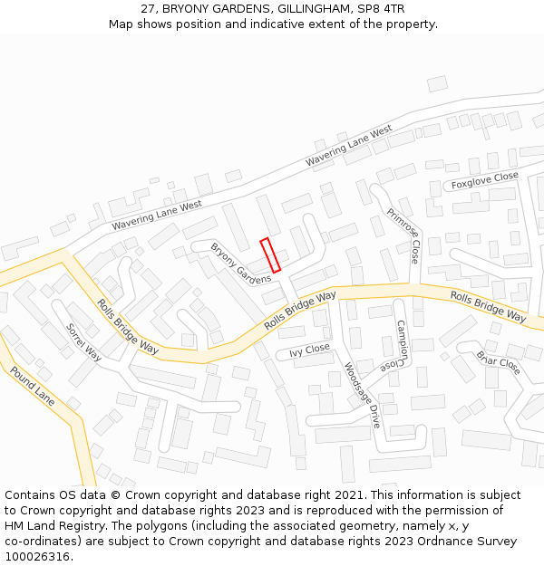 27, BRYONY GARDENS, GILLINGHAM, SP8 4TR: Location map and indicative extent of plot