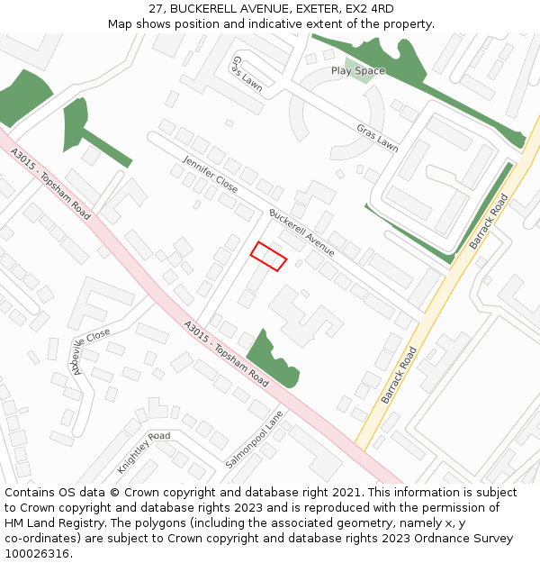 27, BUCKERELL AVENUE, EXETER, EX2 4RD: Location map and indicative extent of plot