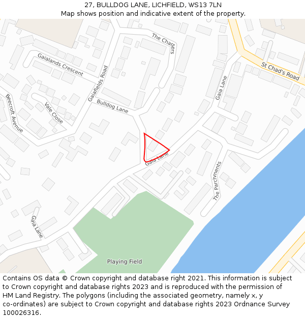 27, BULLDOG LANE, LICHFIELD, WS13 7LN: Location map and indicative extent of plot