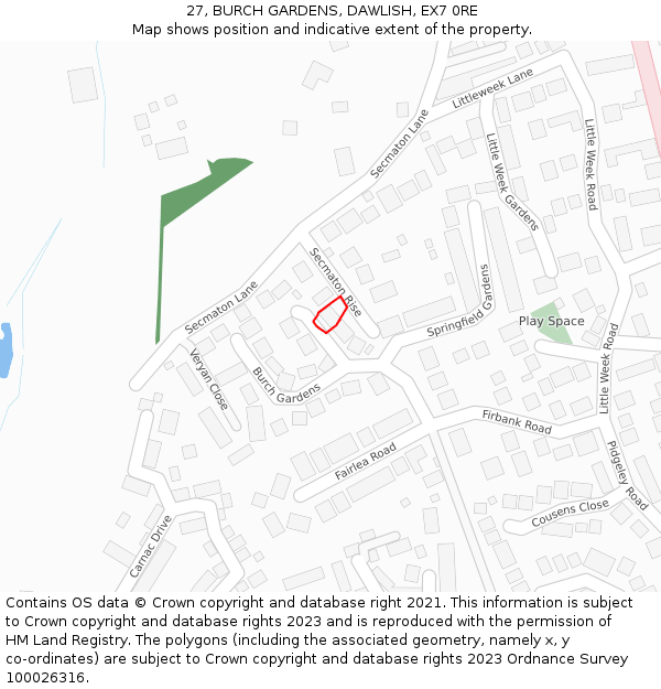 27, BURCH GARDENS, DAWLISH, EX7 0RE: Location map and indicative extent of plot