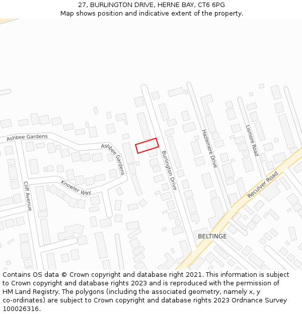 27, BURLINGTON DRIVE, HERNE BAY, CT6 6PG: Location map and indicative extent of plot