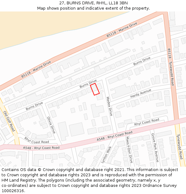 27, BURNS DRIVE, RHYL, LL18 3BN: Location map and indicative extent of plot