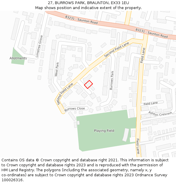 27, BURROWS PARK, BRAUNTON, EX33 1EU: Location map and indicative extent of plot