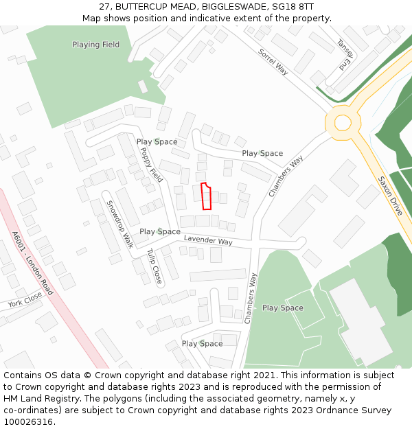 27, BUTTERCUP MEAD, BIGGLESWADE, SG18 8TT: Location map and indicative extent of plot