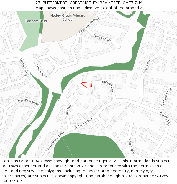 27, BUTTERMERE, GREAT NOTLEY, BRAINTREE, CM77 7UY: Location map and indicative extent of plot