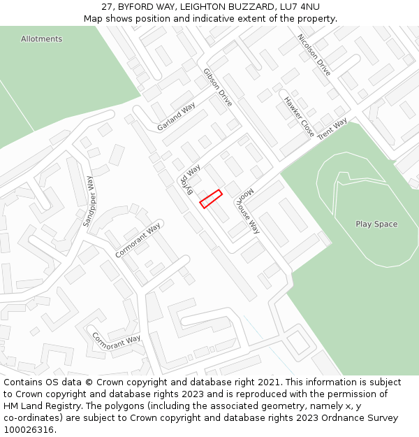 27, BYFORD WAY, LEIGHTON BUZZARD, LU7 4NU: Location map and indicative extent of plot