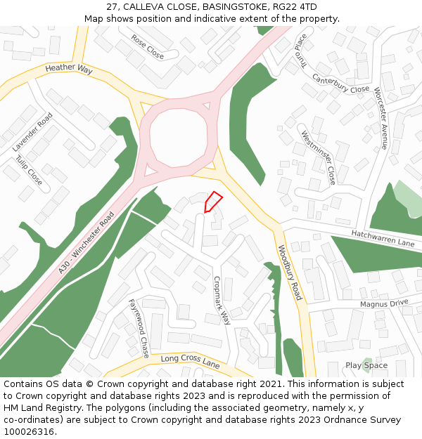 27, CALLEVA CLOSE, BASINGSTOKE, RG22 4TD: Location map and indicative extent of plot