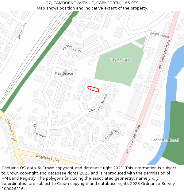 27, CAMBORNE AVENUE, CARNFORTH, LA5 9TS: Location map and indicative extent of plot