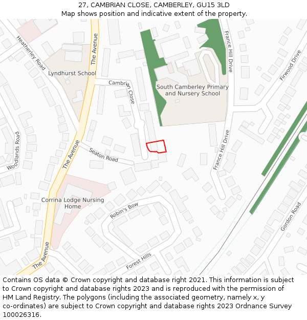 27, CAMBRIAN CLOSE, CAMBERLEY, GU15 3LD: Location map and indicative extent of plot