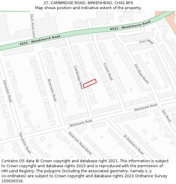 27, CAMBRIDGE ROAD, BIRKENHEAD, CH42 8PS: Location map and indicative extent of plot