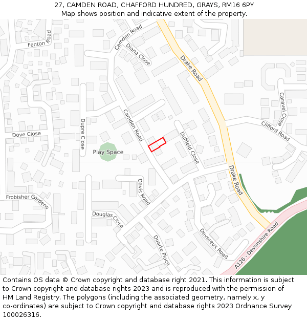 27, CAMDEN ROAD, CHAFFORD HUNDRED, GRAYS, RM16 6PY: Location map and indicative extent of plot