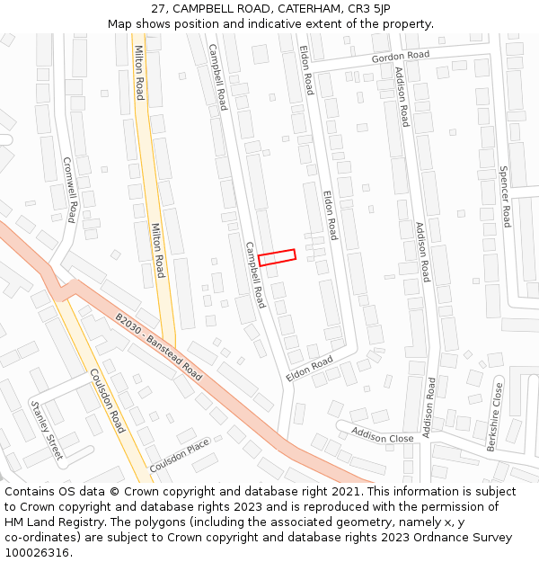 27, CAMPBELL ROAD, CATERHAM, CR3 5JP: Location map and indicative extent of plot