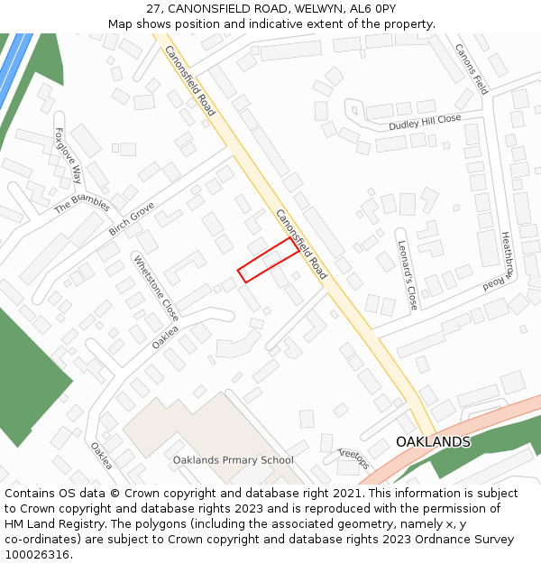 27, CANONSFIELD ROAD, WELWYN, AL6 0PY: Location map and indicative extent of plot