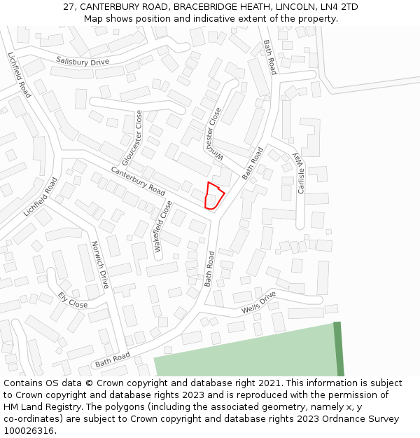 27, CANTERBURY ROAD, BRACEBRIDGE HEATH, LINCOLN, LN4 2TD: Location map and indicative extent of plot