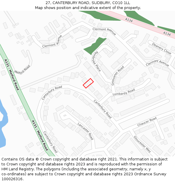 27, CANTERBURY ROAD, SUDBURY, CO10 1LL: Location map and indicative extent of plot