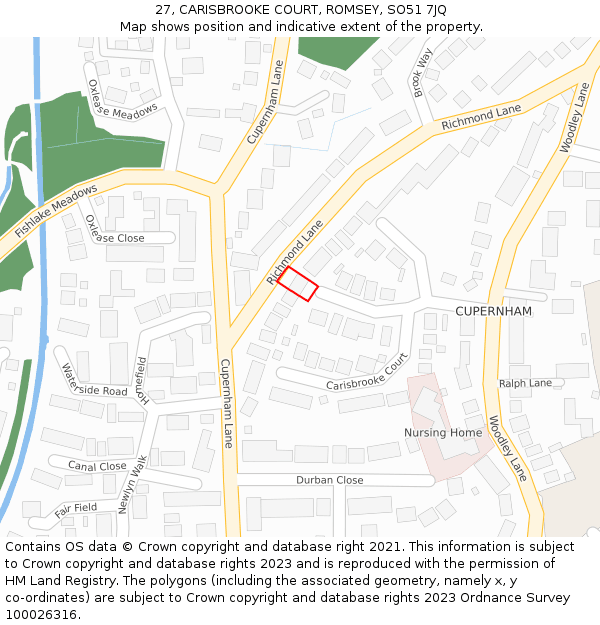 27, CARISBROOKE COURT, ROMSEY, SO51 7JQ: Location map and indicative extent of plot